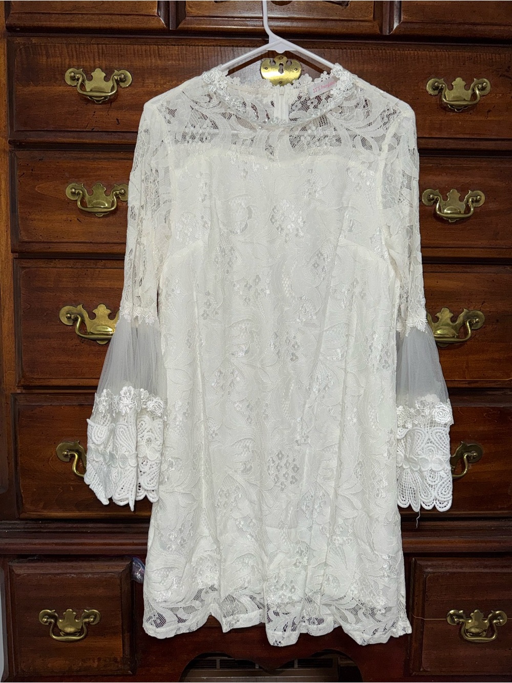 White Lace Mini Dress with Sheer Bell Sleeves